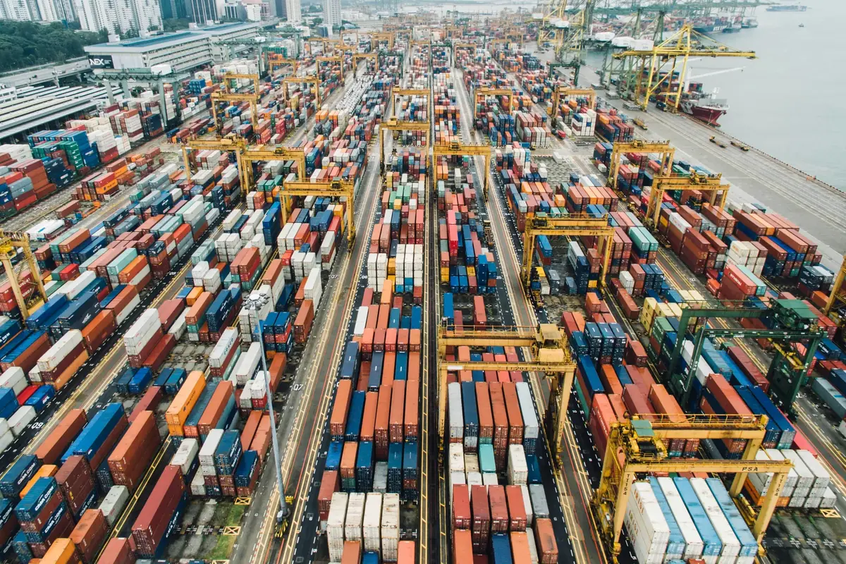 Aerial view of a busy international container port
