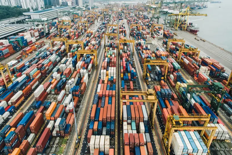 Container port with cargo ships and freight handling infrastructure